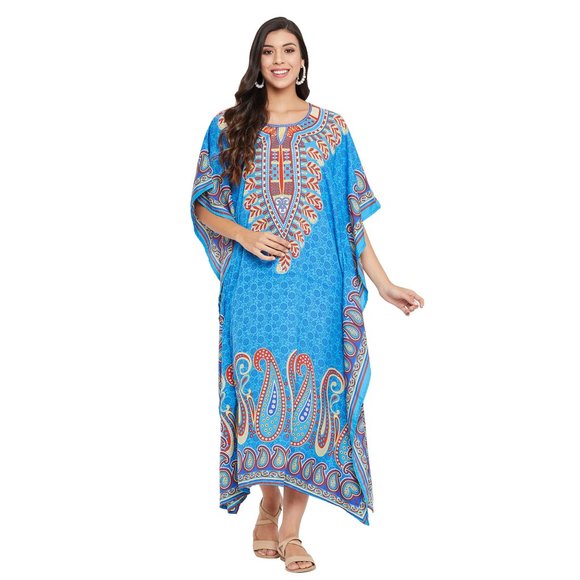 Women Plus Size Fit and Flare Paisley Printed Blue Kaftan Dress by Gypsie Blu - Picture 3 of 8